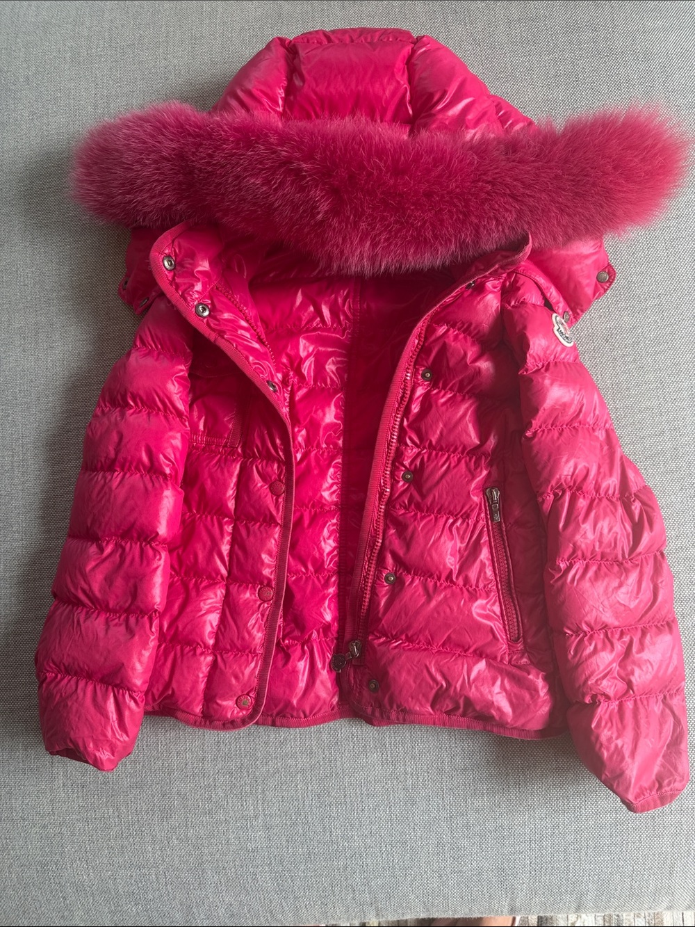 Moncler Kids Down Puffer Jacket in Hot Pink with Fur Hood